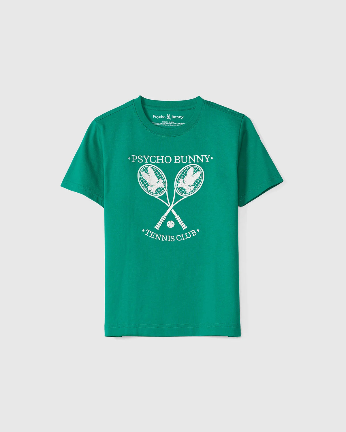 The Kids Courtside Graphic Tee by Psycho Bunny (product code: B0U684C200) is crafted from soft Pima cotton jersey and features "Psycho Bunny Tennis Club" in white letters along with a graphic of two crossed tennis rackets with a Bunny logo in the middle, printed on the chest.