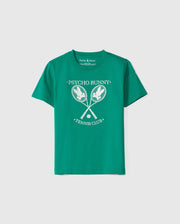 The Kids Courtside Graphic Tee by Psycho Bunny (product code: B0U684C200) is crafted from soft Pima cotton jersey and features "Psycho Bunny Tennis Club" in white letters along with a graphic of two crossed tennis rackets with a Bunny logo in the middle, printed on the chest.