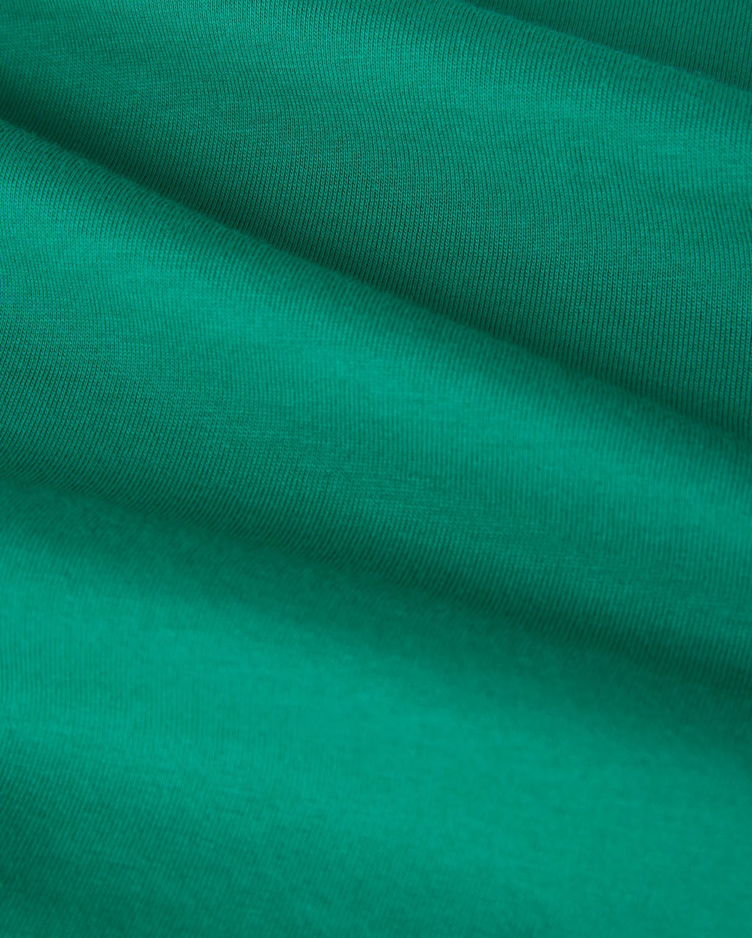 Close-up of a green KIDS COURTSIDE GRAPHIC TEE - B0U684C200 by Psycho Bunny made from Pima cotton jersey fabric with smooth, slightly wavy folds. The texture appears soft and finely woven, creating gentle shadows and highlights that emphasize the material's flexibility and drape.