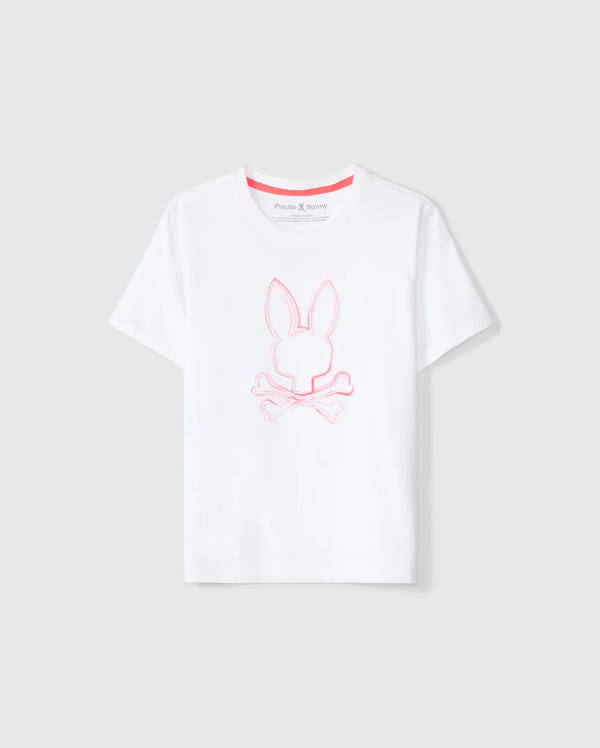 The KIDS VINCENT GRAPHIC TEE - B0U713D200 by Psycho Bunny is a white tee crafted in soft Pima cotton. It features a playful pink outline design of a bunny head above crossed bones. The neckline and inner collar are accented with pink trim and text, adding to its minimalistic yet whimsical style. This unfadable t-shirt stands out against a plain grey background.