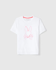 The KIDS VINCENT GRAPHIC TEE - B0U713D200 by Psycho Bunny is a white tee crafted in soft Pima cotton. It features a playful pink outline design of a bunny head above crossed bones. The neckline and inner collar are accented with pink trim and text, adding to its minimalistic yet whimsical style. This unfadable t-shirt stands out against a plain grey background.