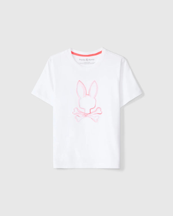The KIDS VINCENT GRAPHIC TEE - B0U713D200 by Psycho Bunny is a white tee crafted in soft Pima cotton. It features a playful pink outline design of a bunny head above crossed bones. The neckline and inner collar are accented with pink trim and text, adding to its minimalistic yet whimsical style. This unfadable t-shirt stands out against a plain grey background.