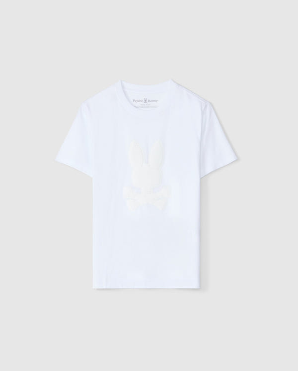 The KIDS KINGSTON GRAPHIC TEE - B0U743D200 by Psycho Bunny is a white Pima cotton T-shirt showcasing a delicate bunny graphic of a rabbit adorned with a bow tie on the front. It features short sleeves and a round neckline, presented stylishly against a light gray background.