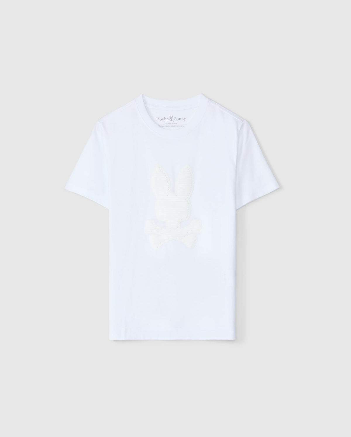 The KIDS KINGSTON GRAPHIC TEE - B0U743D200 by Psycho Bunny is a white Pima cotton T-shirt showcasing a delicate bunny graphic of a rabbit adorned with a bow tie on the front. It features short sleeves and a round neckline, presented stylishly against a light gray background.