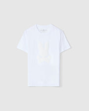 The KIDS KINGSTON GRAPHIC TEE - B0U743D200 by Psycho Bunny is a white Pima cotton T-shirt showcasing a delicate bunny graphic of a rabbit adorned with a bow tie on the front. It features short sleeves and a round neckline, presented stylishly against a light gray background.