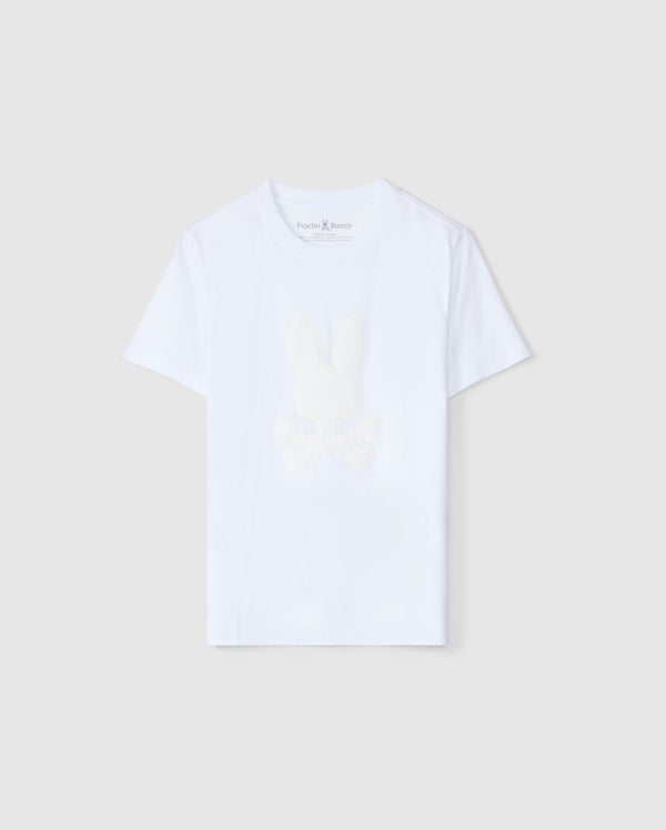 The KIDS KINGSTON GRAPHIC TEE - B0U743D200 by Psycho Bunny is a white Pima cotton T-shirt showcasing a delicate bunny graphic of a rabbit adorned with a bow tie on the front. It features short sleeves and a round neckline, presented stylishly against a light gray background.
