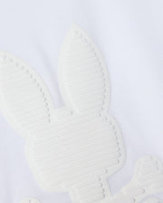 Close-up of a textured, abstract bunny graphic design on white Pima cotton. The Psycho Bunny Kids Kingston Graphic Tee (B0U743D200) showcases line details on the ears and body, giving it a modern, minimalist appearance.