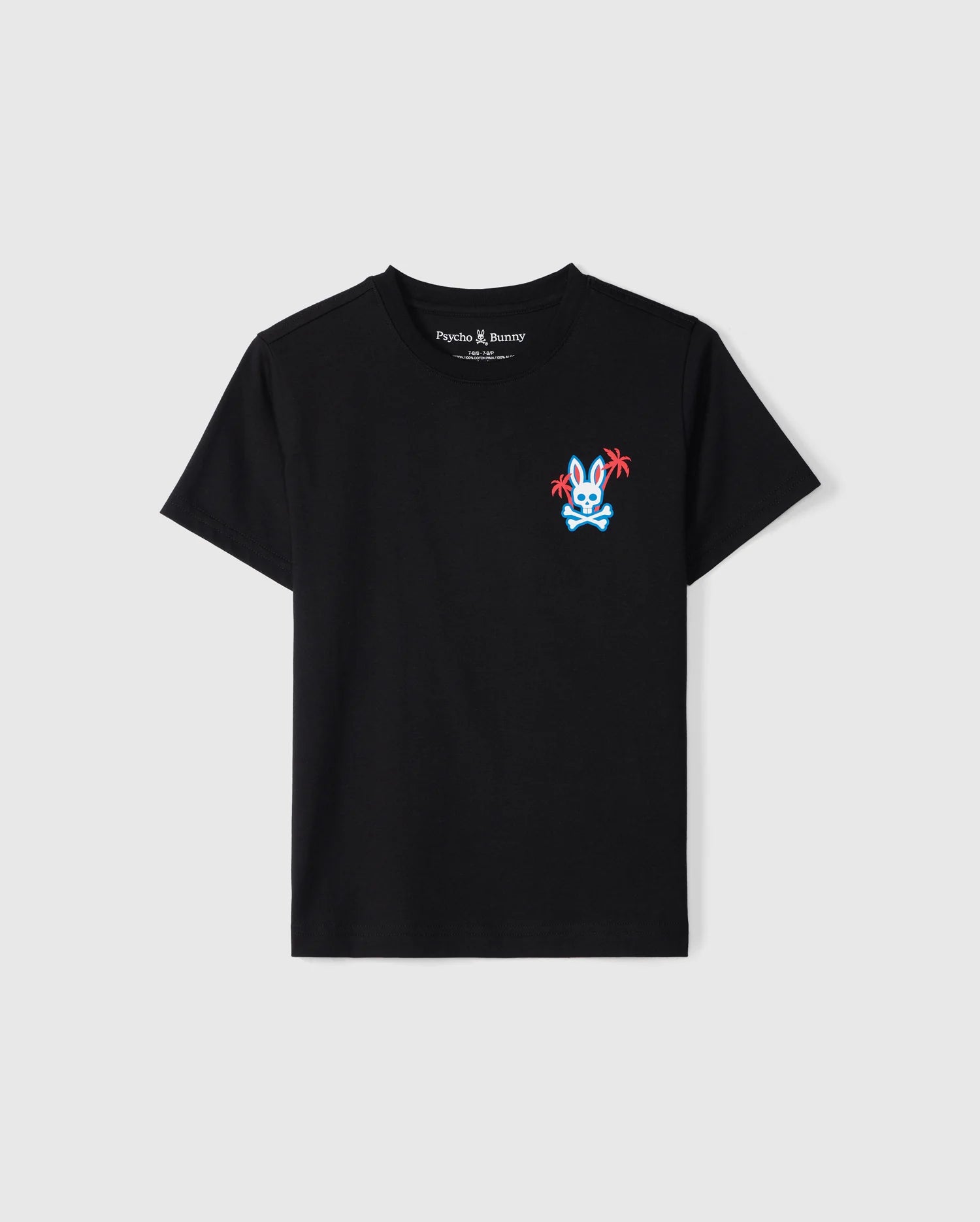 The KIDS LOS ANGELES CITY TEE - B0U861A2PC by Psycho Bunny is a black, short-sleeved, round-neck T-shirt made from Peruvian Pima cotton. It features a small, colorful graphic design of a rabbit wearing sunglasses and holding palm leaves on the left chest area, with vibrant red and blue colors that stand out brilliantly.