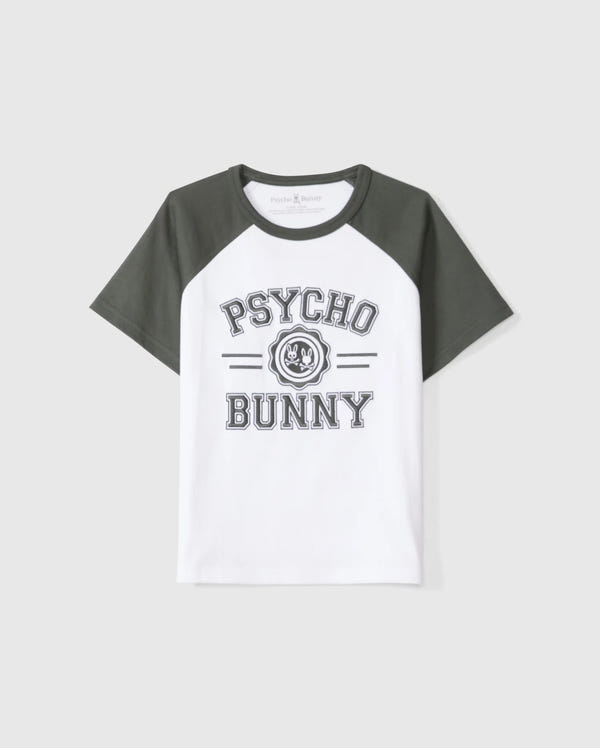 The KIDS LONDON RAGLAN GRAPHIC TEE (B0U896D200) by Psycho Bunny boasts a classic round neck, dark green sleeves, and a white Pima cotton body, featuring bold "Psycho Bunny Official" text and the iconic bunny logo for a casual yet stylish look.