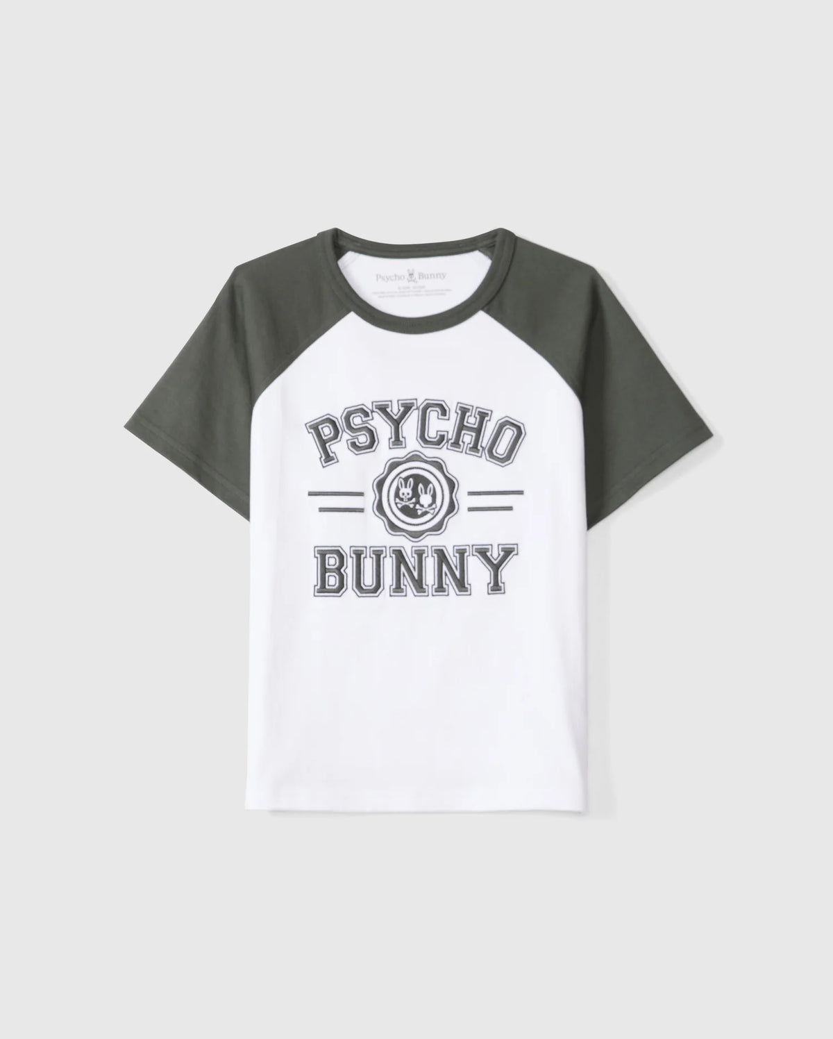 The KIDS LONDON RAGLAN GRAPHIC TEE (B0U896D200) by Psycho Bunny boasts a classic round neck, dark green sleeves, and a white Pima cotton body, featuring bold "Psycho Bunny Official" text and the iconic bunny logo for a casual yet stylish look.