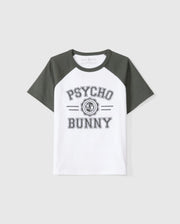 The KIDS LONDON RAGLAN GRAPHIC TEE (B0U896D200) by Psycho Bunny boasts a classic round neck, dark green sleeves, and a white Pima cotton body, featuring bold "Psycho Bunny Official" text and the iconic bunny logo for a casual yet stylish look.