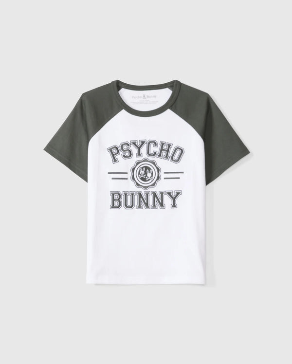 The KIDS LONDON RAGLAN GRAPHIC TEE (B0U896D200) by Psycho Bunny boasts a classic round neck, dark green sleeves, and a white Pima cotton body, featuring bold "Psycho Bunny Official" text and the iconic bunny logo for a casual yet stylish look.
