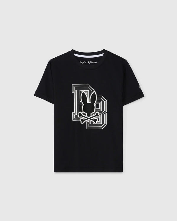 Made from soft Pima cotton, the KIDS ZACK GRAPHIC TEE by Psycho Bunny features a black design with the iconic Psycho Bunny logo seamlessly placed over a large "B" on the front, set against a plain background for an effortlessly stylish appearance.