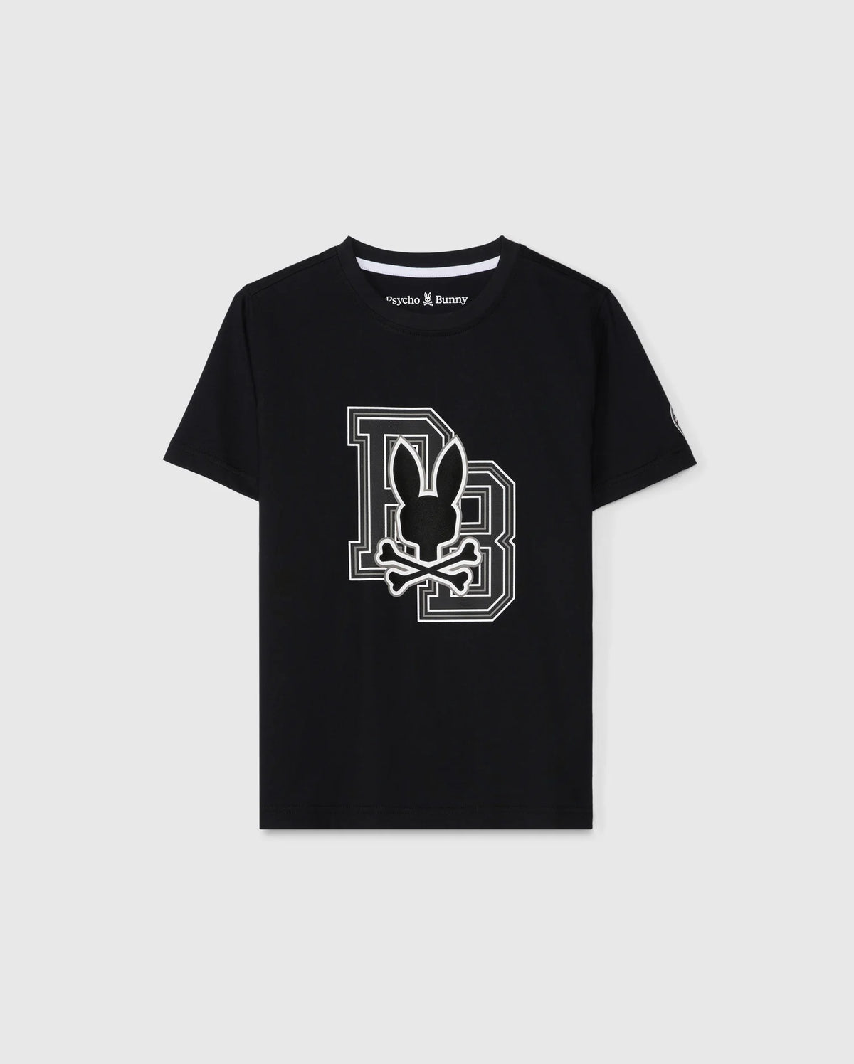 Made from soft Pima cotton, the KIDS ZACK GRAPHIC TEE by Psycho Bunny features a black design with the iconic Psycho Bunny logo seamlessly placed over a large "B" on the front, set against a plain background for an effortlessly stylish appearance.