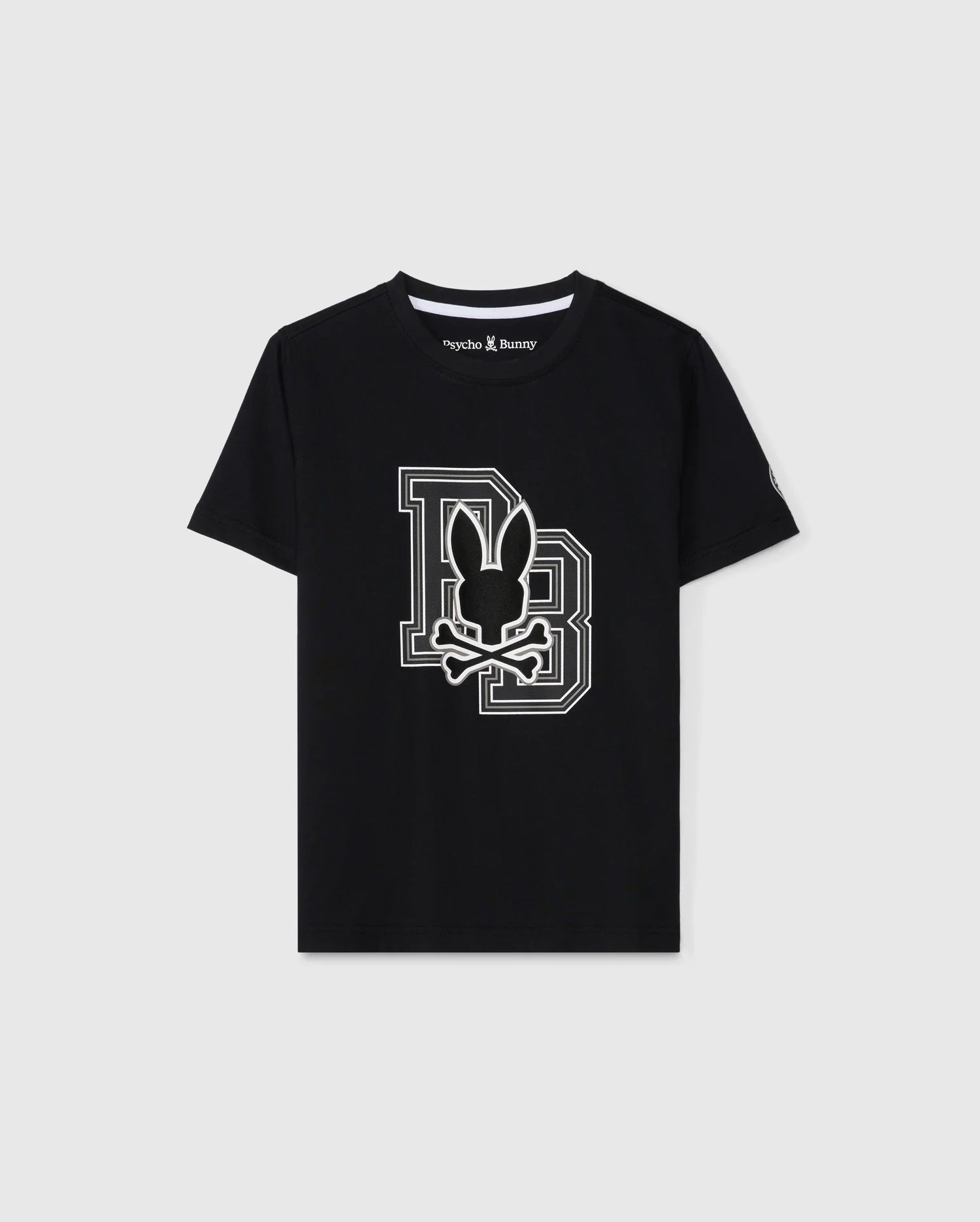 Made from soft Pima cotton, the KIDS ZACK GRAPHIC TEE by Psycho Bunny features a black design with the iconic Psycho Bunny logo seamlessly placed over a large "B" on the front, set against a plain background for an effortlessly stylish appearance.
