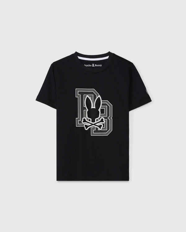 Made from soft Pima cotton, the KIDS ZACK GRAPHIC TEE by Psycho Bunny features a black design with the iconic Psycho Bunny logo seamlessly placed over a large "B" on the front, set against a plain background for an effortlessly stylish appearance.