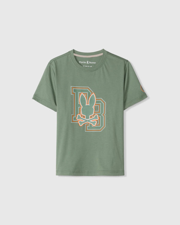 The KIDS ZACK GRAPHIC TEE - B0U897D200 by Psycho Bunny is a green tee made from soft Pima cotton, showcasing a printed design with a stylized letter "B," a bunny silhouette, and a skull. This short-sleeve tee features a round neckline for enhanced comfort and style.