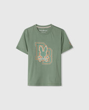 The KIDS ZACK GRAPHIC TEE - B0U897D200 by Psycho Bunny is a green tee made from soft Pima cotton, showcasing a printed design with a stylized letter "B," a bunny silhouette, and a skull. This short-sleeve tee features a round neckline for enhanced comfort and style.
