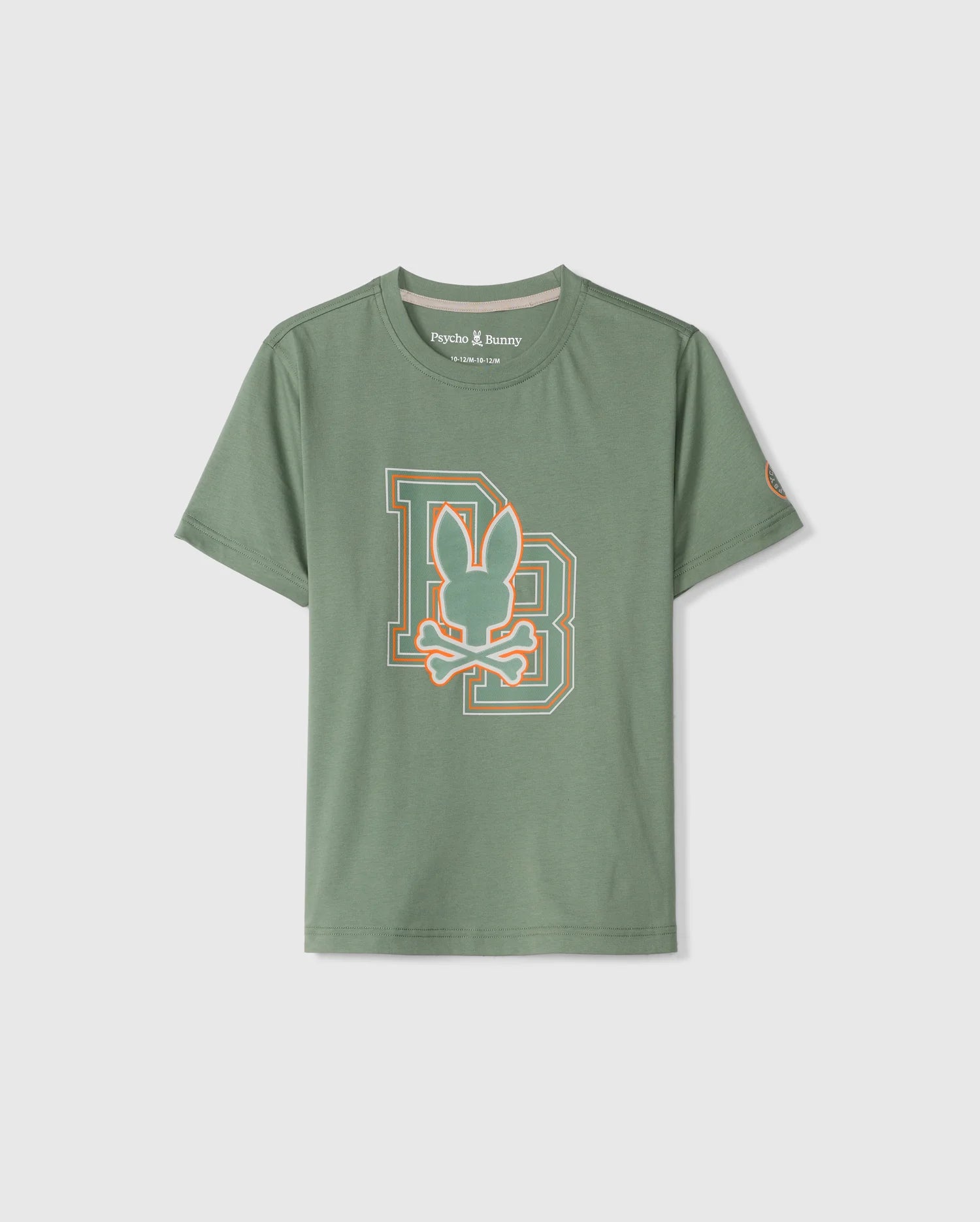 The KIDS ZACK GRAPHIC TEE - B0U897D200 by Psycho Bunny is a green tee made from soft Pima cotton, showcasing a printed design with a stylized letter "B," a bunny silhouette, and a skull. This short-sleeve tee features a round neckline for enhanced comfort and style.