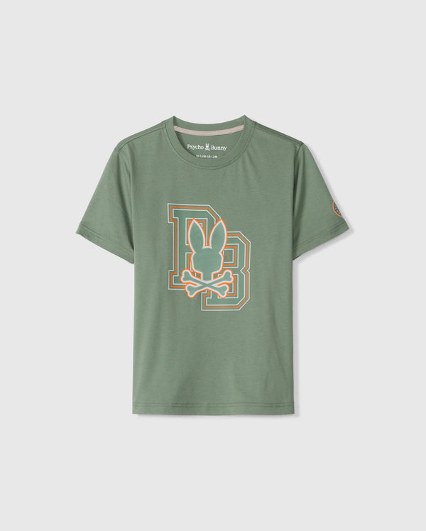 The KIDS ZACK GRAPHIC TEE - B0U897D200 by Psycho Bunny is a green tee made from soft Pima cotton, showcasing a printed design with a stylized letter "B," a bunny silhouette, and a skull. This short-sleeve tee features a round neckline for enhanced comfort and style.