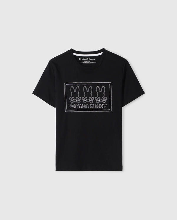KIDS TACOMA GRAPHIC TEE by Psycho Bunny in black Pima cotton, featuring a rectangular design with three bunny outlines above the text "Psycho Bunny" in white, accented by subtle embroidered details.