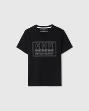 KIDS TACOMA GRAPHIC TEE by Psycho Bunny in black Pima cotton, featuring a rectangular design with three bunny outlines above the text "Psycho Bunny" in white, accented by subtle embroidered details.