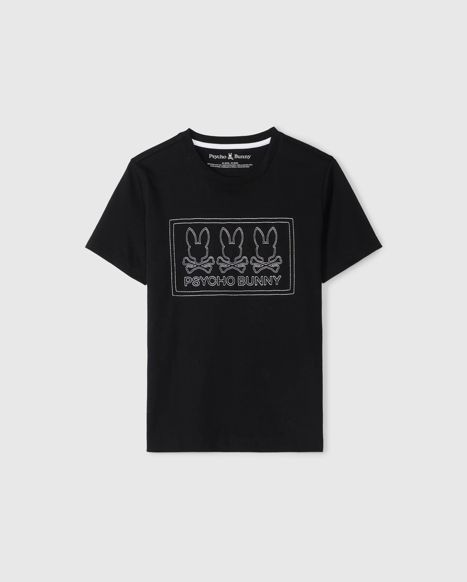 KIDS TACOMA GRAPHIC TEE by Psycho Bunny in black Pima cotton, featuring a rectangular design with three bunny outlines above the text "Psycho Bunny" in white, accented by subtle embroidered details.