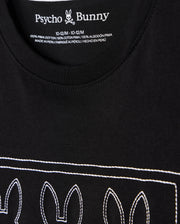 The KIDS TACOMA GRAPHIC TEE - B0U909D200 by Psycho Bunny is a black tee featuring an embroidered design of three bunny outlines on the front, with "Psycho Bunny" text visible on the neck label. Made from 100% Pima cotton, it offers exceptional softness and comfort.