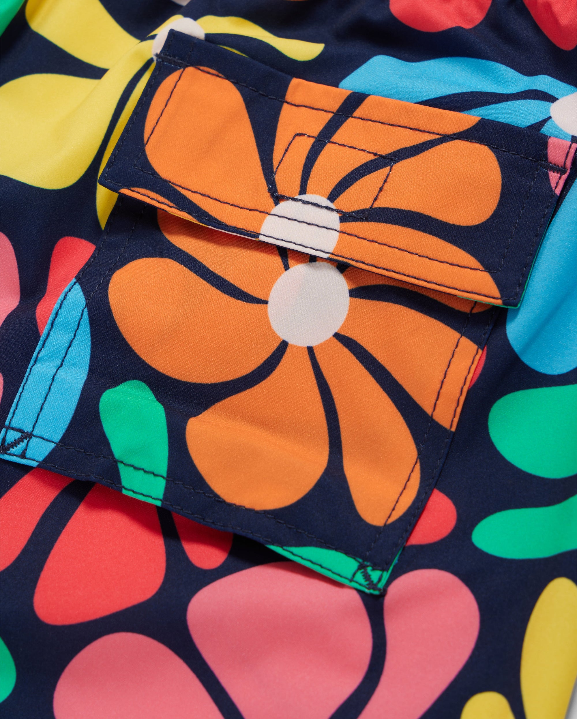 Close-up of a pocket on a brightly colored quick-dry KIDS MENTZ SWIM TRUNK - B0W320B2SW by Psycho Bunny. The fabric showcases a bold, floral pattern with large orange, red, yellow, green, and blue flowers set against a dark background. Visible stitching outlines the edges and flap of the pocket.