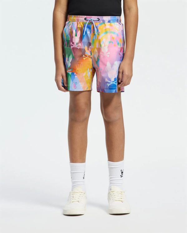 psycho bunny swim trunks feature a vibrant, multicolored geometric print with the iconic bunny skull logo, a drawstring waist, and a relaxed fit.