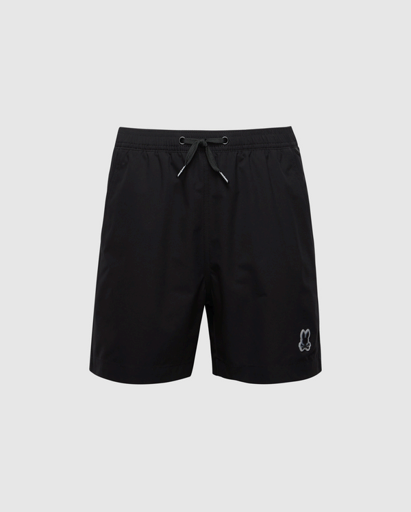 Psycho Bunny's KIDS SAMOS HYDROCHROMIC SWIM TRUNK B0W453F200 offers black men's swim trunks with a drawstring waist, subtle embroidered logo near the hem, and quick-dry fabric for ultimate comfort.
