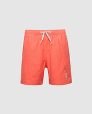 The Psycho Bunny KIDS SAMOS HYDROCHROMIC SWIM TRUNK - B0W453F200 features bright coral color, a white drawstring waistband, and an embroidered logo on the lower left. These quick-dry swim trunks offer a classic design perfect for the beach or pool.