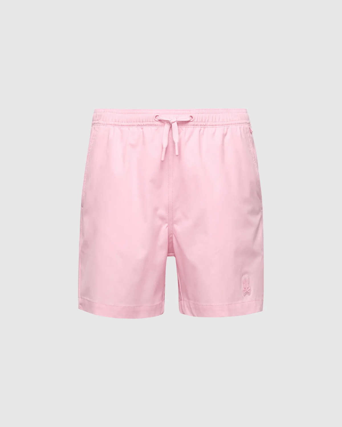 The Psycho Bunny KIDS SAMOS HYDROCHROMIC PRINTED SWIM TRUNK (B0W453F200) features light pink material with an elastic waistband, adjustable drawstring, and a small logo embroidered on the lower left leg. The solid gray background enhances their sleek and stylish look.