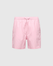 The Psycho Bunny KIDS SAMOS HYDROCHROMIC PRINTED SWIM TRUNK (B0W453F200) features light pink material with an elastic waistband, adjustable drawstring, and a small logo embroidered on the lower left leg. The solid gray background enhances their sleek and stylish look.