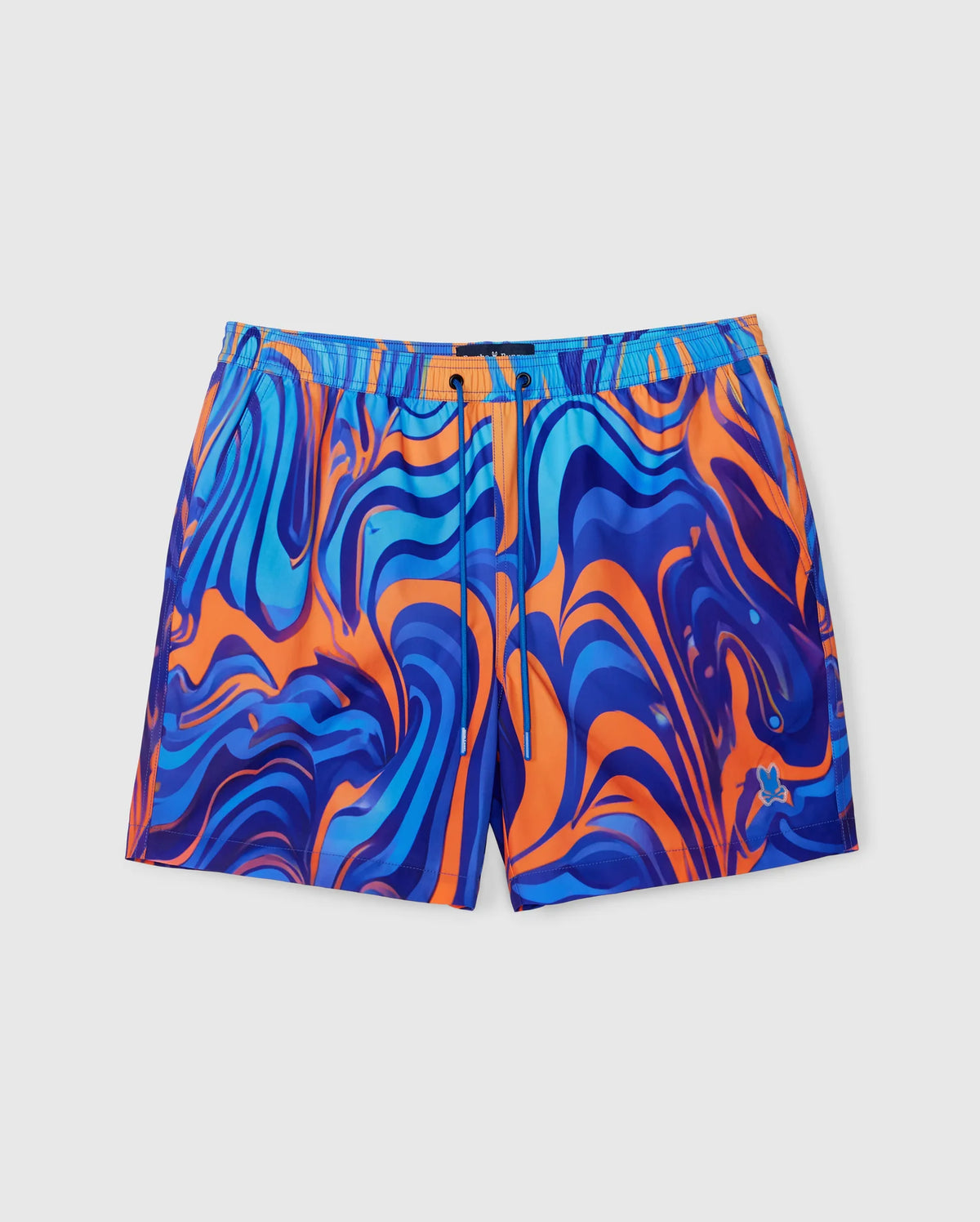The KIDS NEVADA ALL OVER PRINT SWIM TRUNK - B0W526C200 by Psycho Bunny features a vibrant, bold swirling pattern in shades of blue, purple, and orange. Made from quick-dry fabric, these eye-catching shorts come with an elastic waistband and drawstring for a secure fit.
