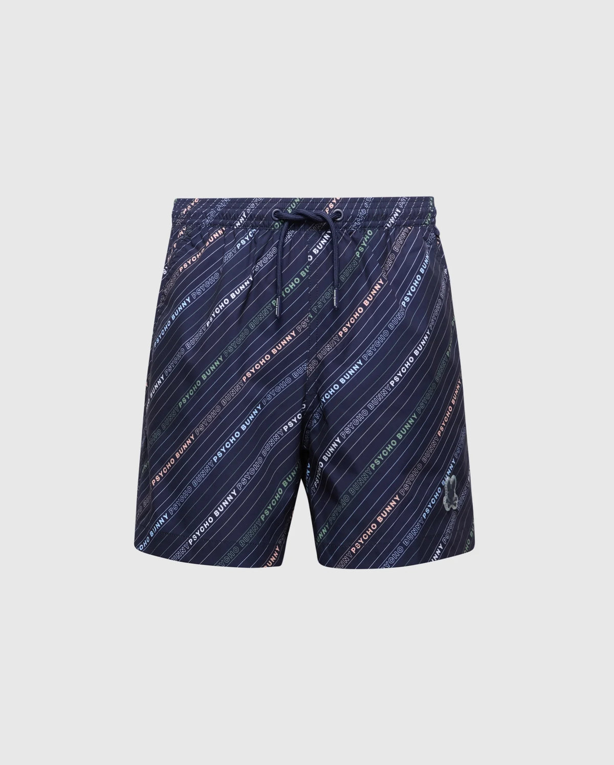 The Psycho Bunny KIDS RENMARK PB PRINTED SWIM TRUNK - B0W622F200 are navy blue polyester stretch shorts with a drawstring waistband. They feature colorful diagonal stripes and the words "retro blend" in white, green, blue, and red, along with an embroidered logo on the lower left leg.