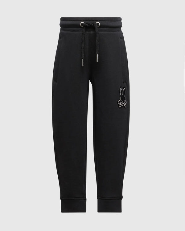The Psycho Bunny KIDS TODDLER ALEXANDER 2 PIECE FLEECE SET - B0X275E200 includes black jogger pants with an elastic waistband and drawstring, featuring subtle stitching and a small embroidered logo, ideal for a trendy kids' outfit.