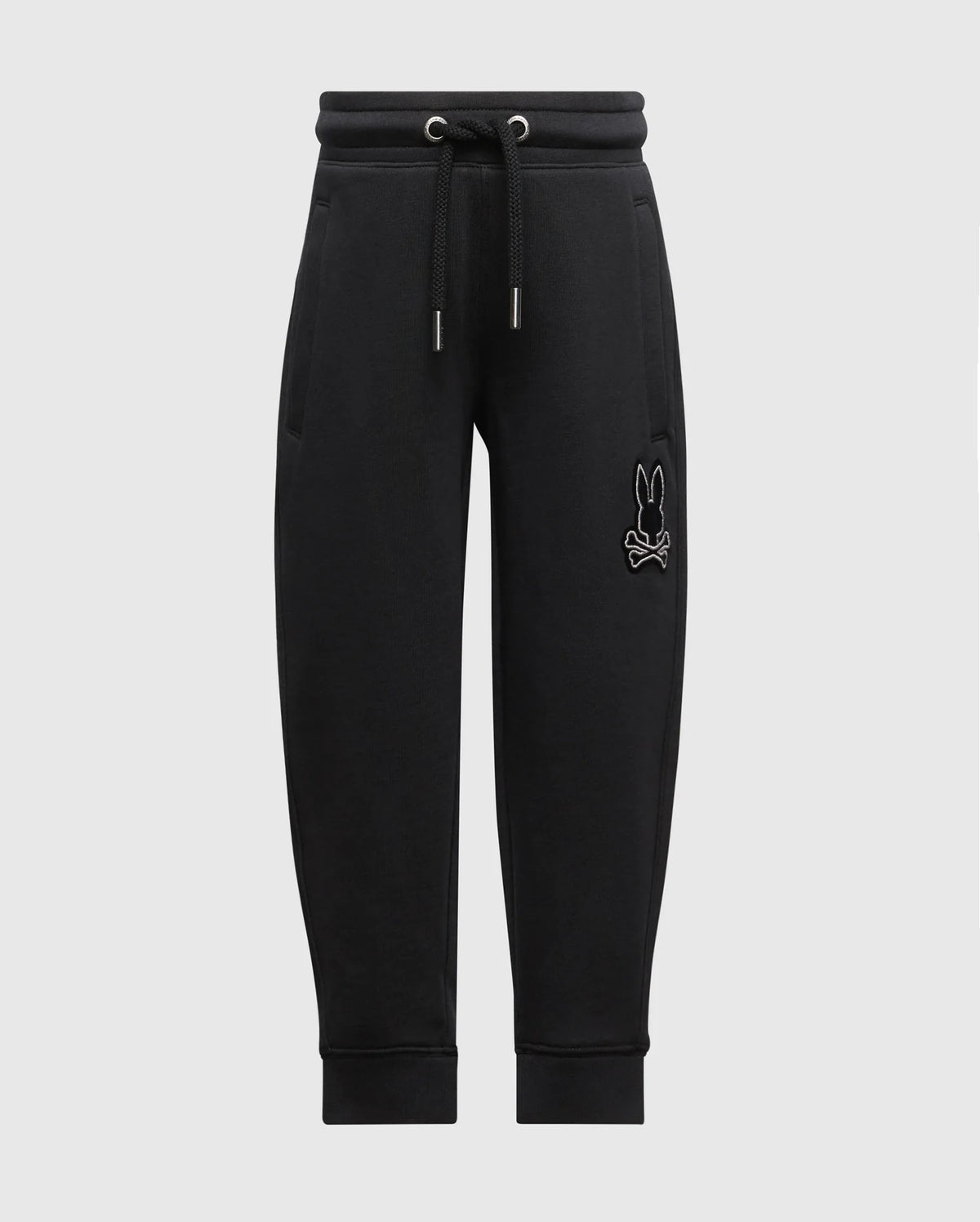 The Psycho Bunny KIDS TODDLER ALEXANDER 2 PIECE FLEECE SET - B0X275E200 includes black jogger pants with an elastic waistband and drawstring, featuring subtle stitching and a small embroidered logo, ideal for a trendy kids' outfit.