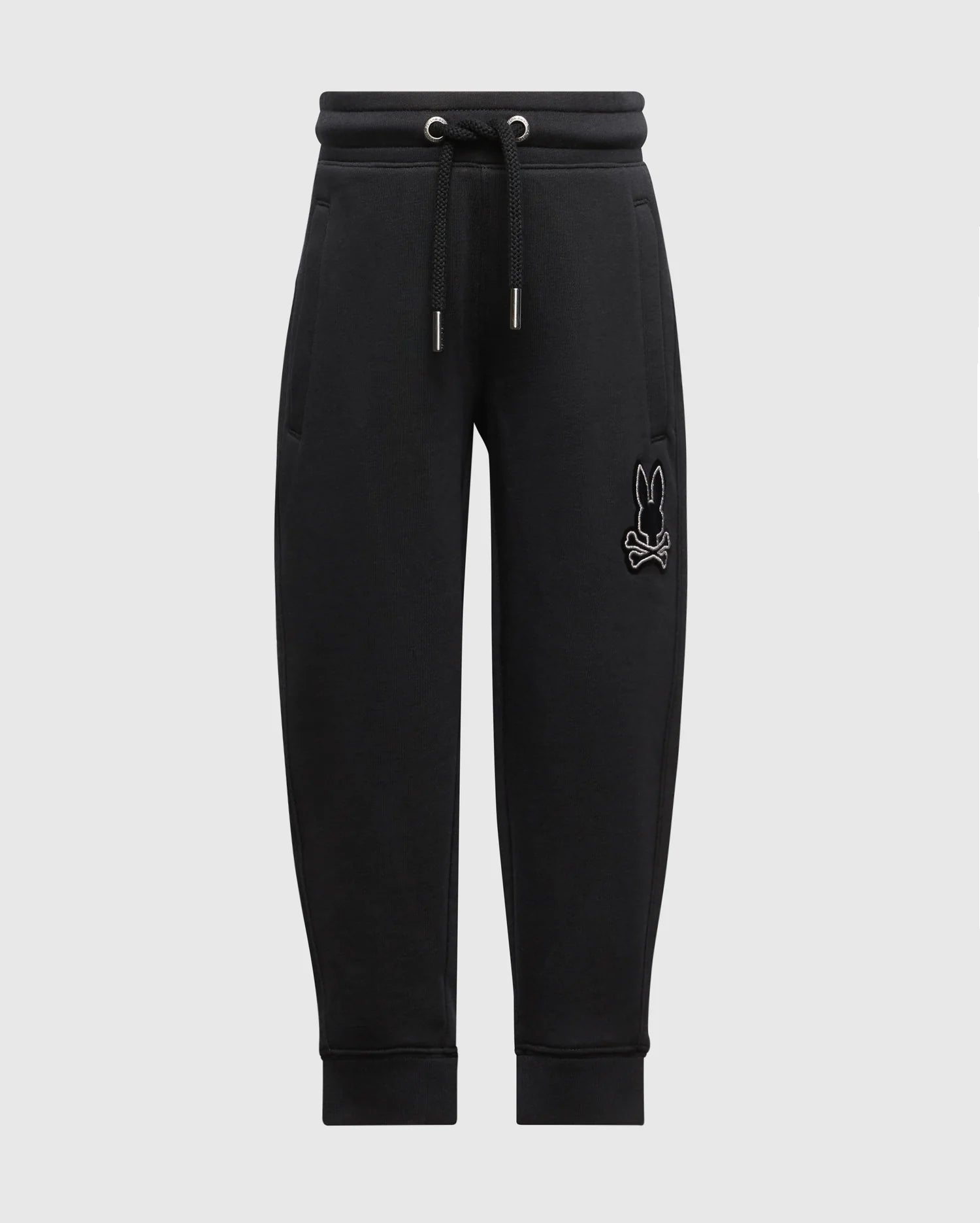 The Psycho Bunny KIDS TODDLER ALEXANDER 2 PIECE FLEECE SET - B0X275E200 includes black jogger pants with an elastic waistband and drawstring, featuring subtle stitching and a small embroidered logo, ideal for a trendy kids' outfit.