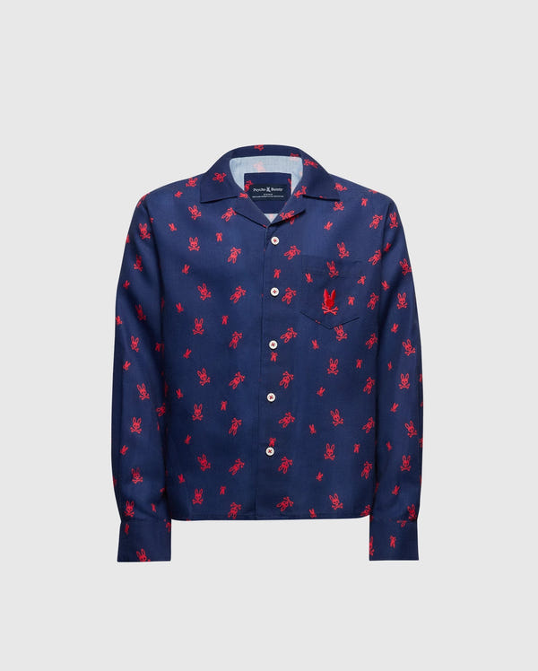This lightweight button-up shirt from Psycho Bunny, styled after the KIDS ALL OVER PRINT FLANNEL PAJAMA SET (B0X356E200), highlights a charming red lobster pattern on navy fabric. It features long sleeves and white buttons down the front, providing both style and comfort for any occasion.