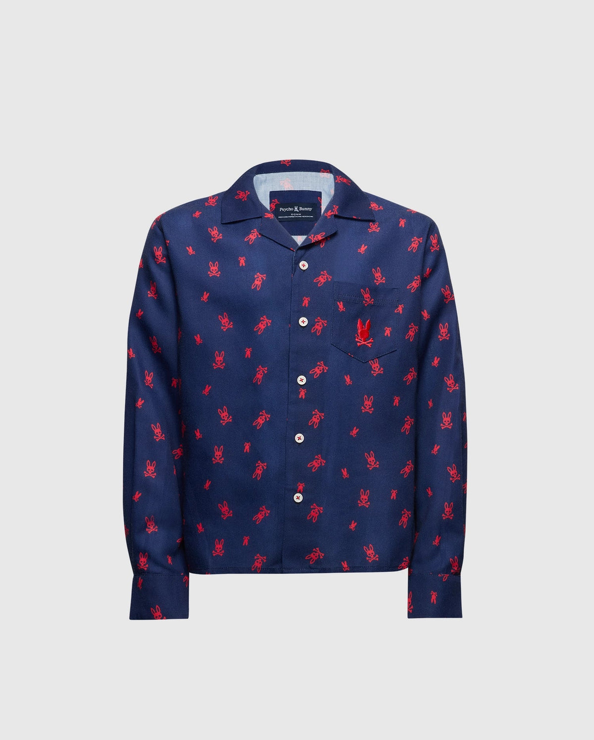 This lightweight button-up shirt from Psycho Bunny, styled after the KIDS ALL OVER PRINT FLANNEL PAJAMA SET (B0X356E200), highlights a charming red lobster pattern on navy fabric. It features long sleeves and white buttons down the front, providing both style and comfort for any occasion.