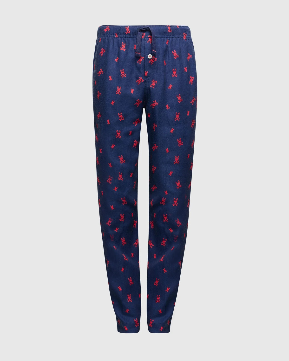 The KIDS ALL OVER PRINT FLANNEL PAJAMA SET - B0X356E200 by Psycho Bunny offers a pair of navy blue pajama pants adorned with a whimsical red lobster pattern. These pants include a drawstring waist and button fly for added convenience, all set against a plain white backdrop. Perfectly designed for lightweight comfort.