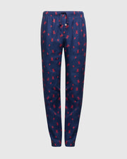 The KIDS ALL OVER PRINT FLANNEL PAJAMA SET - B0X356E200 by Psycho Bunny offers a pair of navy blue pajama pants adorned with a whimsical red lobster pattern. These pants include a drawstring waist and button fly for added convenience, all set against a plain white backdrop. Perfectly designed for lightweight comfort.