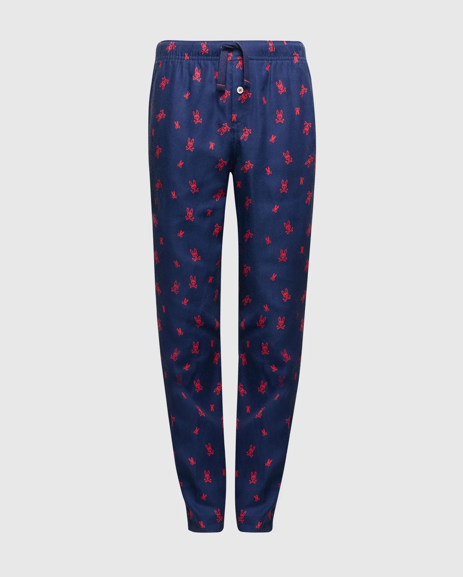 The KIDS ALL OVER PRINT FLANNEL PAJAMA SET - B0X356E200 by Psycho Bunny offers a pair of navy blue pajama pants adorned with a whimsical red lobster pattern. These pants include a drawstring waist and button fly for added convenience, all set against a plain white backdrop. Perfectly designed for lightweight comfort.