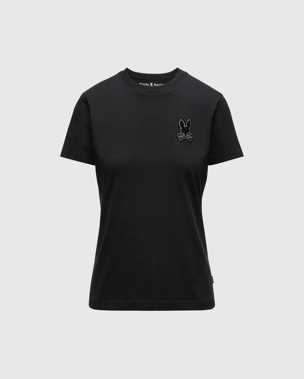 This unisex black Women's Alexander Graphic Tee - B2U164E200 by Psycho Bunny is made from premium Pima Cotton and showcases a small embroidered rabbit and crossed bones logo on the left chest. With its simple design, short sleeves, and round neckline, this T-shirt combines style with comfort.