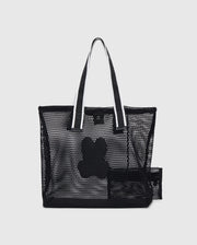 A black mesh tote bag with white handles featuring a medium-size black dog bone design in the center. Inside the tote, there's a detachable zip pouch made of black mesh. The logo-webbing straps add an extra touch of style against the plain white background. This is the MENS MESH TOTE BAG - B6A388B200 by Psycho Bunny.