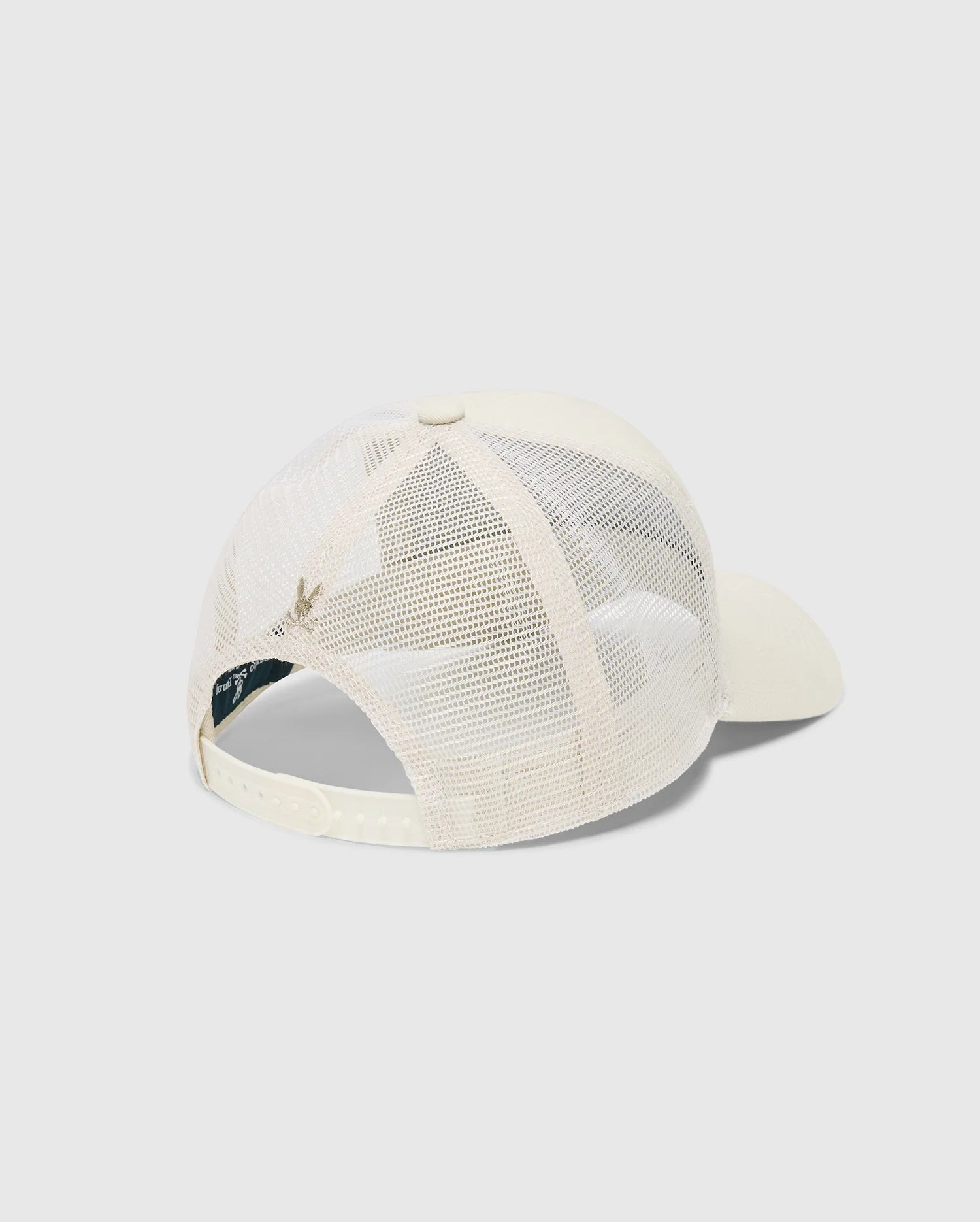 The rear of the Psycho Bunny Men's Melbourne Graphic Trucker Hat (B6A548F200) in beige, with a mesh back and snap-back strap, is displayed against a light gray background. The front, showcasing an embroidered icon, remains hidden.