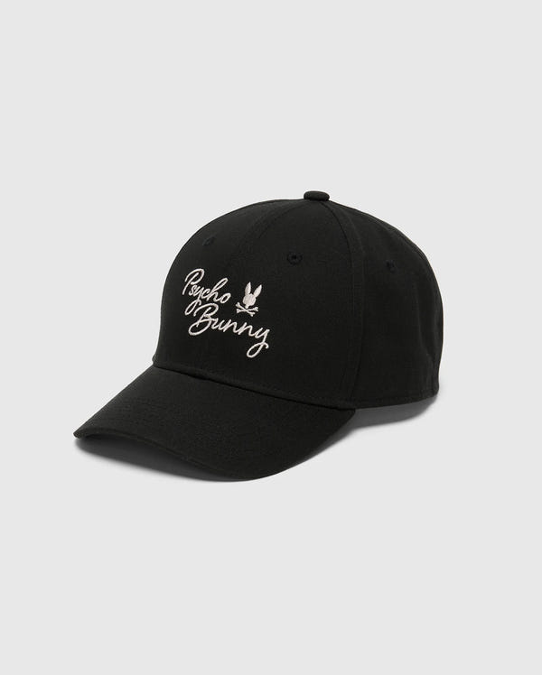 Explore style and comfort with the Psycho Bunny Men's Desert Baseball Cap - B6A549F200. This black cap, made from 100% cotton, features white embroidered text and a small bunny logo on the front, capturing the essence of West Coast living.
