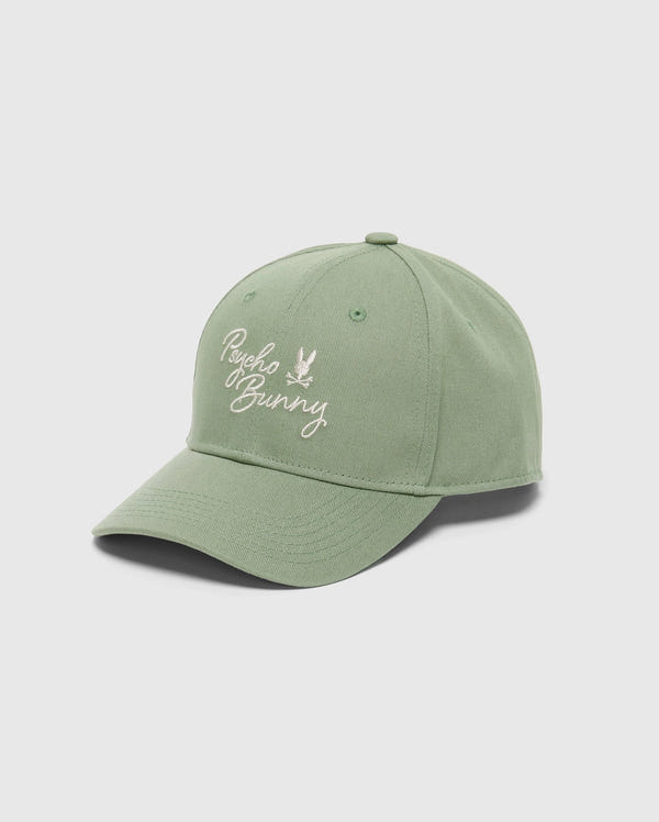The MENS DESERT BASEBALL CAP - B6A549F200 by Psycho Bunny is a green hat with an embroidered white "Psycho Bunny" wordmark. It has six panels, a curved brim, and an adjustable strap for the perfect fit.