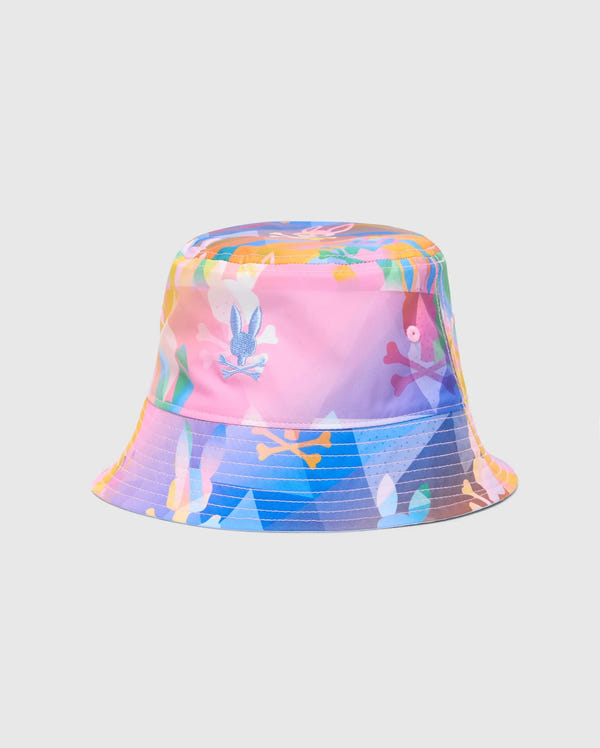The MENS MILOS BUCKET REVERSIBLE HAT - B6A550F200 by Psycho Bunny features a vibrant abstract design in pink, blue, and orange, complete with cartoon icons and stars. It's reversible—flip it for a stylish geometric print on the other side.